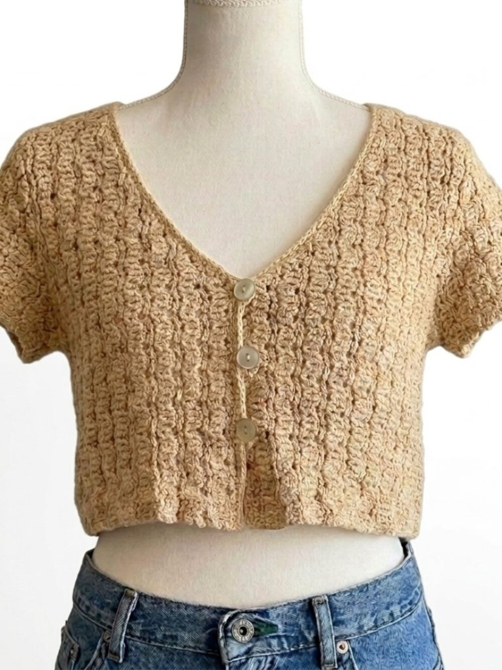 Vintage 90s Cream Crochet Crop Cardigan Small Button Front Cottagecore Boho